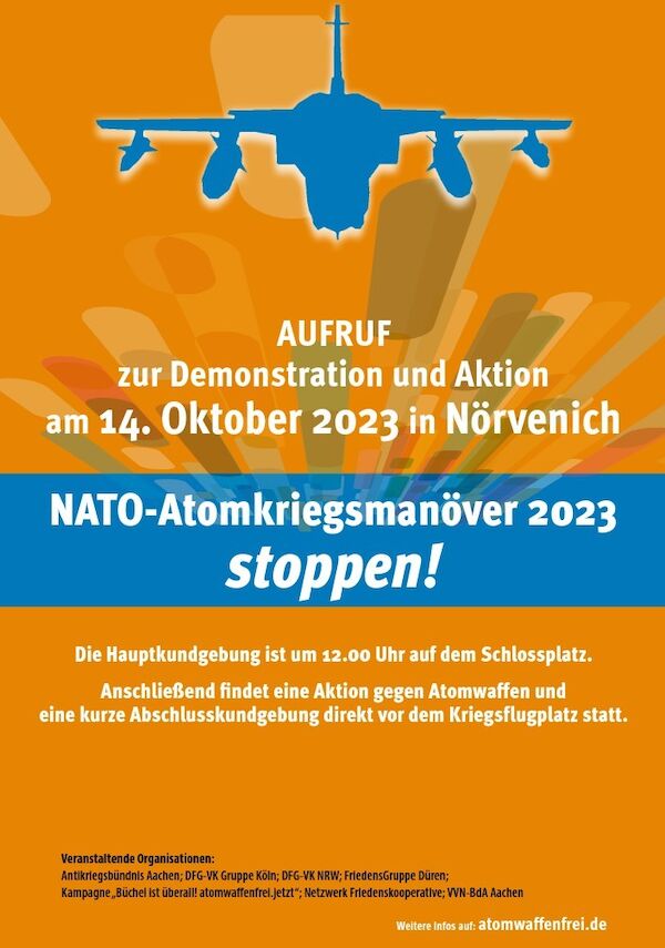 Flyer zur Demo - Vorderseite Flyer zum Demoaufruf - Vorderseite: Ein Atombomber im Anflug sowie die Daten zur Demonstration und den veranstaltenden Organisationen