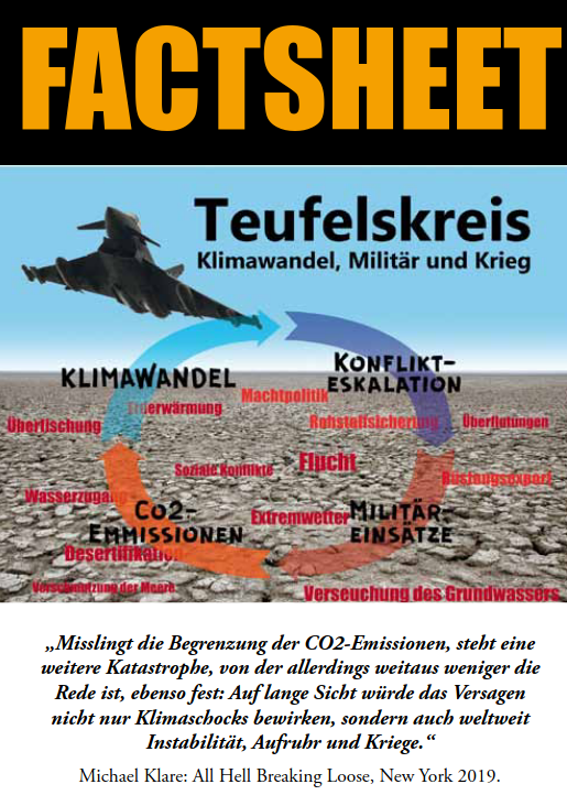 Screenshot / Auszug aus dem Factsheet 'Teufelskreis: Klimawandel, Militär und Krieg'. Screenshot / Auszug aus dem Factsheet 'Teufelskreis: Klimawandel, Militär und Krieg'. Ein Kampfflugzeug fliegt über ausgetrocknetem See, unterlegt mit einem Kreis aus dessen Auswirkungen und unterlegt mit einem Zitat von Michael Klare aus 'All Hell Breaking Loose': 'Misslingt die Begrenzung der CO2-Emissionen, steht eine weitere Katastrophe, von der allerdings weitaus weniger die Rede ist, ebenso fest: Auf lange Sicht würde das Versagen nicht nur Klimaschocks bewirken, sondern auch weltweit Instabilität, Aufruhr und Kriege.'
