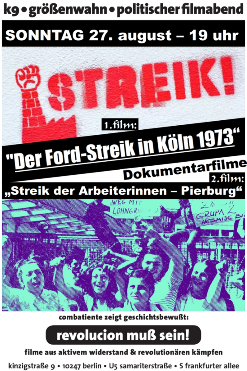 Einladungsflyer zum Filmabend mit den Angaben aus dem Beitragstext und einem Grafitty mit einer geballten Faust, die aus einem Fabrikschornstein ragt und mit 'Streik' hinterlegt ist und einem Foto von streikenden Arbeiterinnen, die die Streichung der Lohngruppe 2 fordern Einladungsflyer zum Filmabend