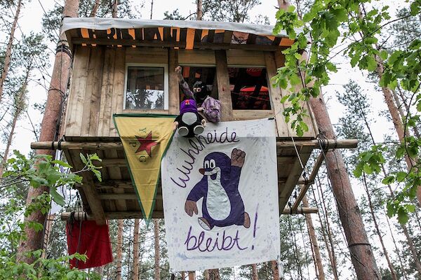 Foto: © catwithanicecamera via Umbruch Bildarchiv Das Foto zeigt ein Baumhaus aus dem eine Person mit gestreckter Faust grüßt. Vom Baumhaus hängt eine YPG Fahne und ein Transparent mit der Comicfigur Pauli und dem Slogan Wuhlheide bleibt!
