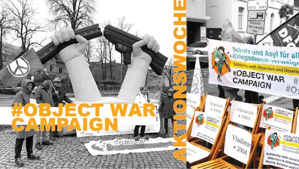 Fotocollage zur Kampagne via Connection e.V. Fotocollage zur Kampagne via Connection e.V.: Gezeigt werden 2 Fotos mit Menschen vor einem überdimensionalen zerbrochenen Sturmgewehr und einigen leeren Stühlen mit den Namen von Kriegsdienstverweigerer:Innen