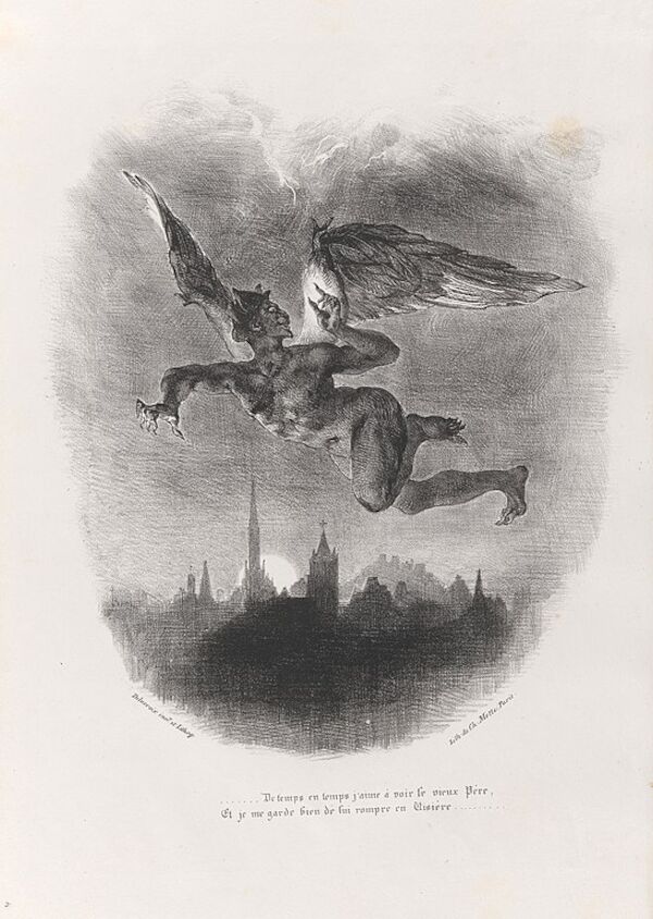 Mephistopheles fliegt über Wittenberg, Lithographie von Eugène Delacroix Mephistopheles fliegt über Wittenberg, Lithographie von Eugène Delacroix