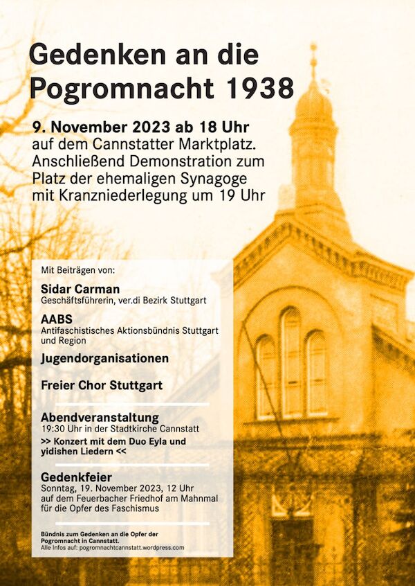 SharePic zum 9. November in Bad Cannstatt: Gegen das Vergessen - Kommt am 9. November zur Gedenkkundgebung! 18 Uhr, Cannstatt Marktplatz; anschließend Demonstrationszug zum Platz der Alten Synagoge" SharePic zum 9. November in Bad Cannstatt: Gegen das Vergessen - Kommt am 9. November zur Gedenkkundgebung! 18 Uhr, Cannstatt Marktplatz; anschließend Demonstrationszug zum Platz der Alten Synagoge"