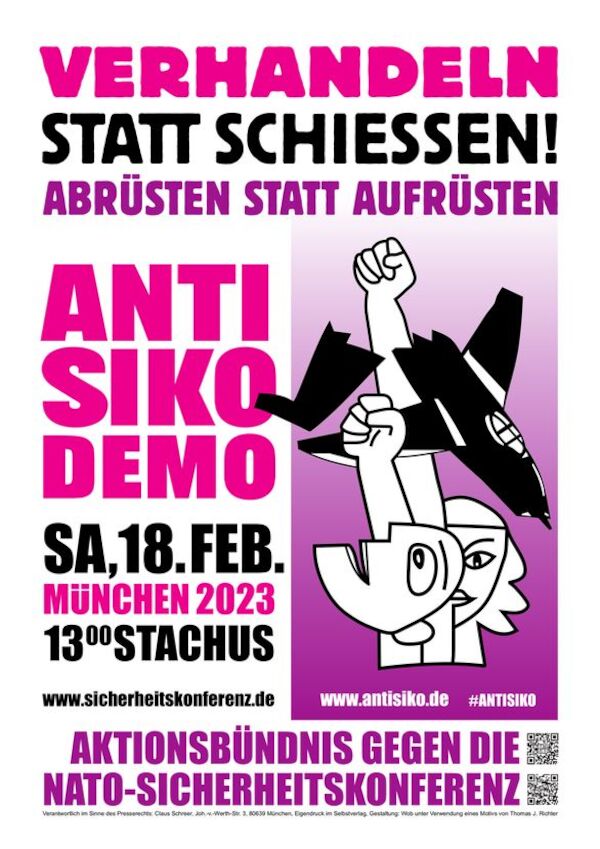 Mobilisierungsplakat zu den Protesten gegen die Münchner Sicherheitskonferenz am 18. Februar 2023, 13 Uhr Stachus