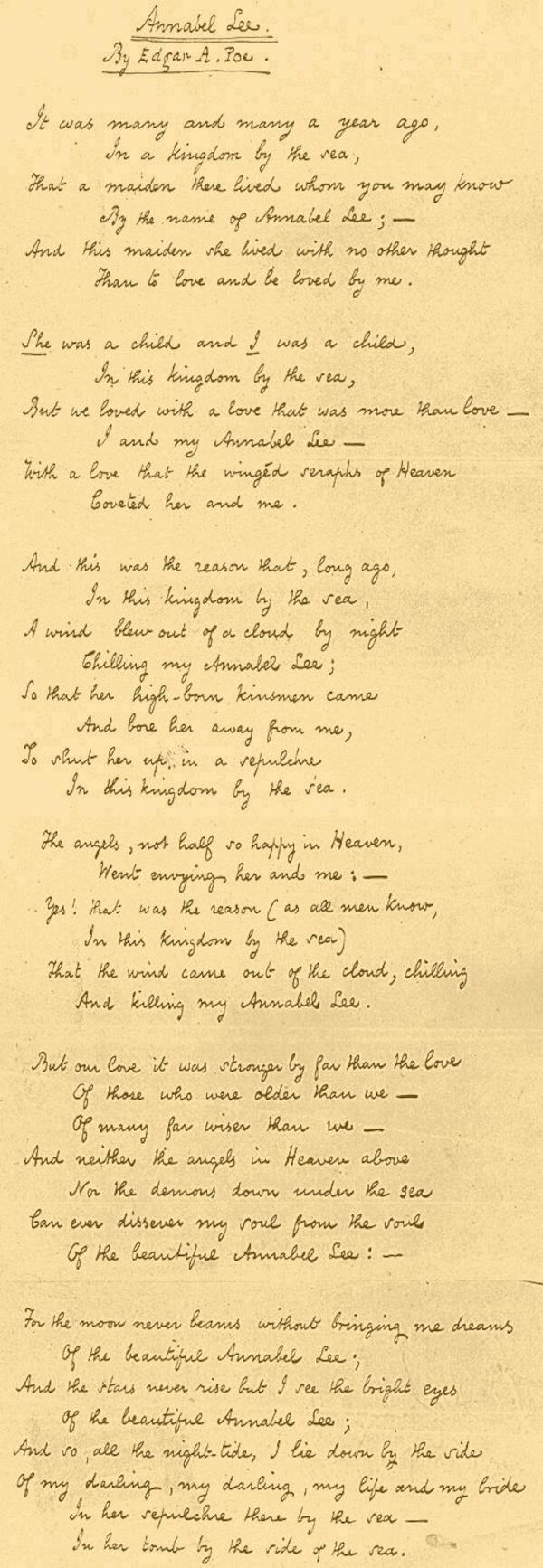 Annabel Lee: Final draft of Poe's 1849 manuscript Annabel Lee: Final draft of Poe's 1849 manuscript