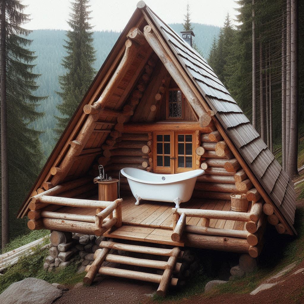 Eine Badewanne steht auf der Veranda eines sehr grob gezimmerten Dreieckhauses im Wald.