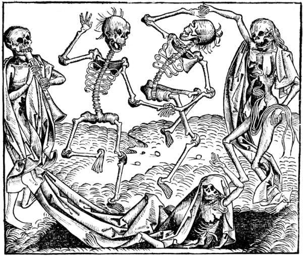 Tanz der Gerippe, Holzschnitt von Michael Wolgemut in Hartmann Schedels Weltchronik von 1493