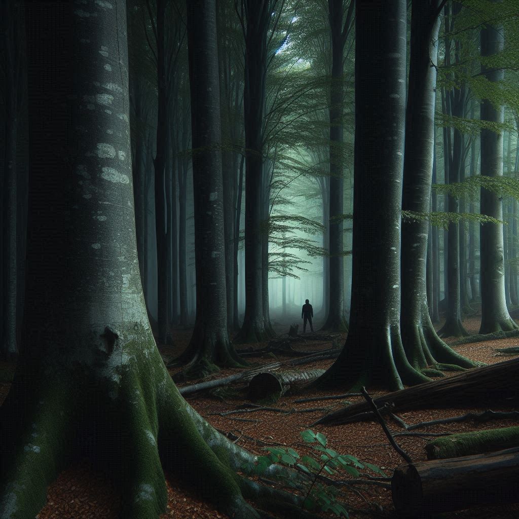 Bild: Thomas Trueten KI Bild: Dunkler Wald mit Eichen und Buchen und einer Person, die in einiger Entfernung zwischen den Bäumen steht