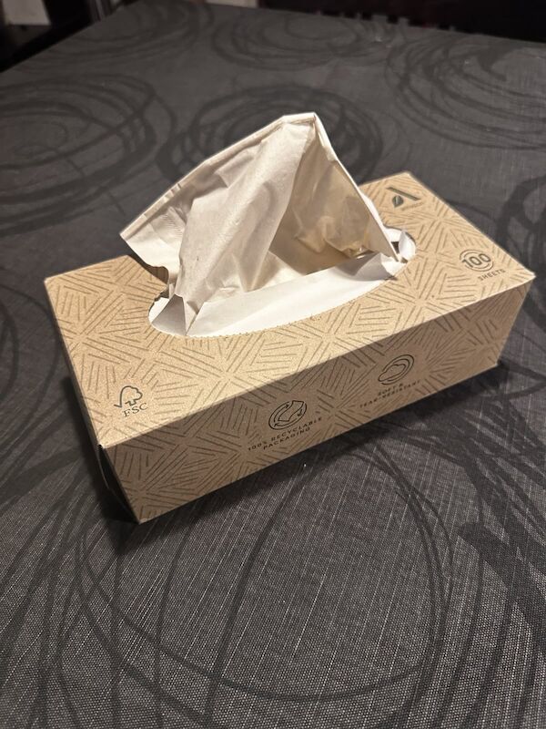 Das Foto zeigt eine Box Taschentücher auf einem Tisch
