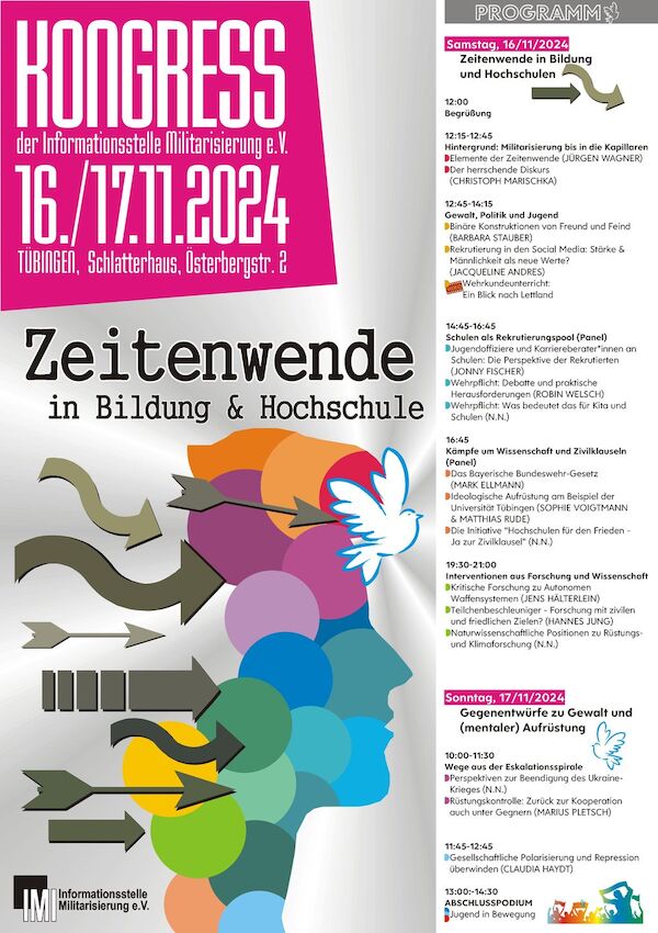 Die Grafik zeigt das Plakat mit dem vorläufigen Programm des IMI Kongresses am 16. und 17. November 2024 im Schlatterhaus in Tübingen. Es zeigt verschieden geformte Pfeile, die von hinten auf ein aus bunten Kreisen hinterlegtes Profil eines Gesichtes weisen. Vor dem Gesicht flieft eine Friedenstaube. Darunter das Logo der IMI, rechts davon das vorläufige Programm. Mehr dazu im verlinkten Beitrag.