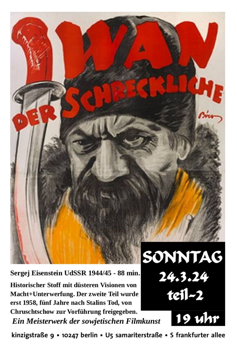 Der Flyer zeigt einen Teil des zeitgenössischen Filmplakates mit einem Portrait Iwan des Schrecklichen und die Angaben zum Film und Vorführort