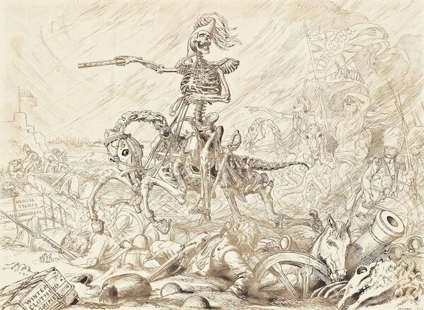 Das Bild zeigt die Karrikatur von Joseph Noel Paton aus dem Januar 1855: Krankheit und Hunger folgen der Figur des Todes, die mit Hilfe eines zusammengerollten Marschbefehls mit der Beschriftung „Routine“, wie mit einem Marschallstab zum Angriff antreibt. Ungeöffnete Kisten mit „Winterkleidung“ und „Arzneimittel“ sowie Bauteile mit „Camp-Hospital“ beschriftet liegen im Morast und verrotten auf dem Schlachtfeld. Dies beschreibt das logistische Chaos der Sewastopol-Schlacht.