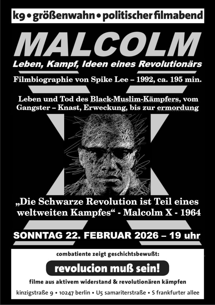 Der Flyer zum Film zeigt neben einem Foto von MalcolmX die Angaben zum Filmabend aus dem Textbeitrag