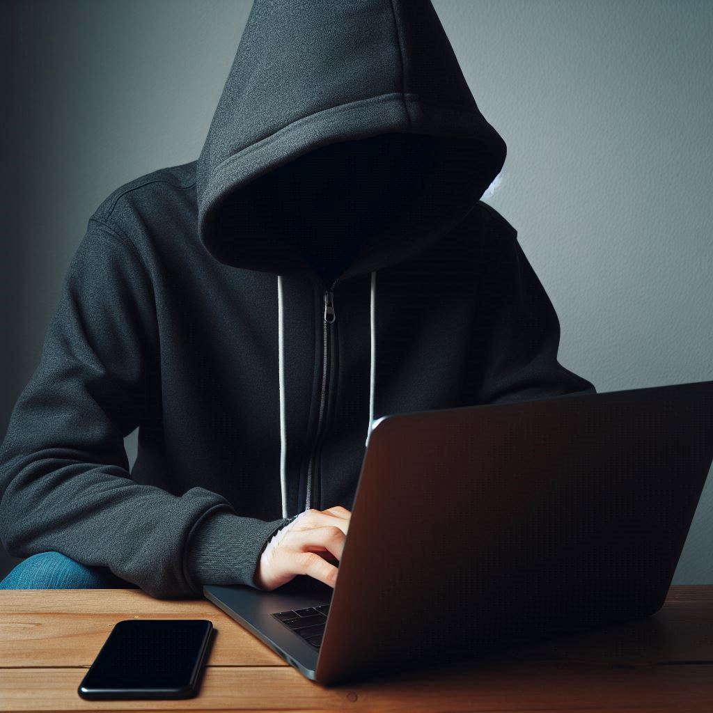 Eine Person sitzt mit einem Hoodie vor einem Laptop. Die Kapuze ist ins Gesicht gezogen. Neben dem Laptop liegt ein Smartphone.