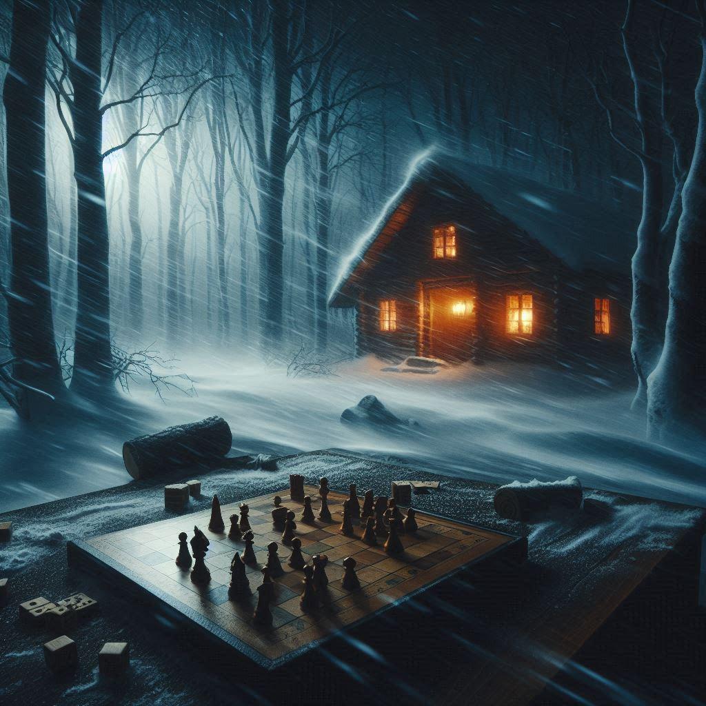 Schneesturm in einem Wald. Ein Hütte im Wald mit beleuchteten Fenstern ist im Hintergrund zu sehen, im Vordergrund ein Schachbrett.