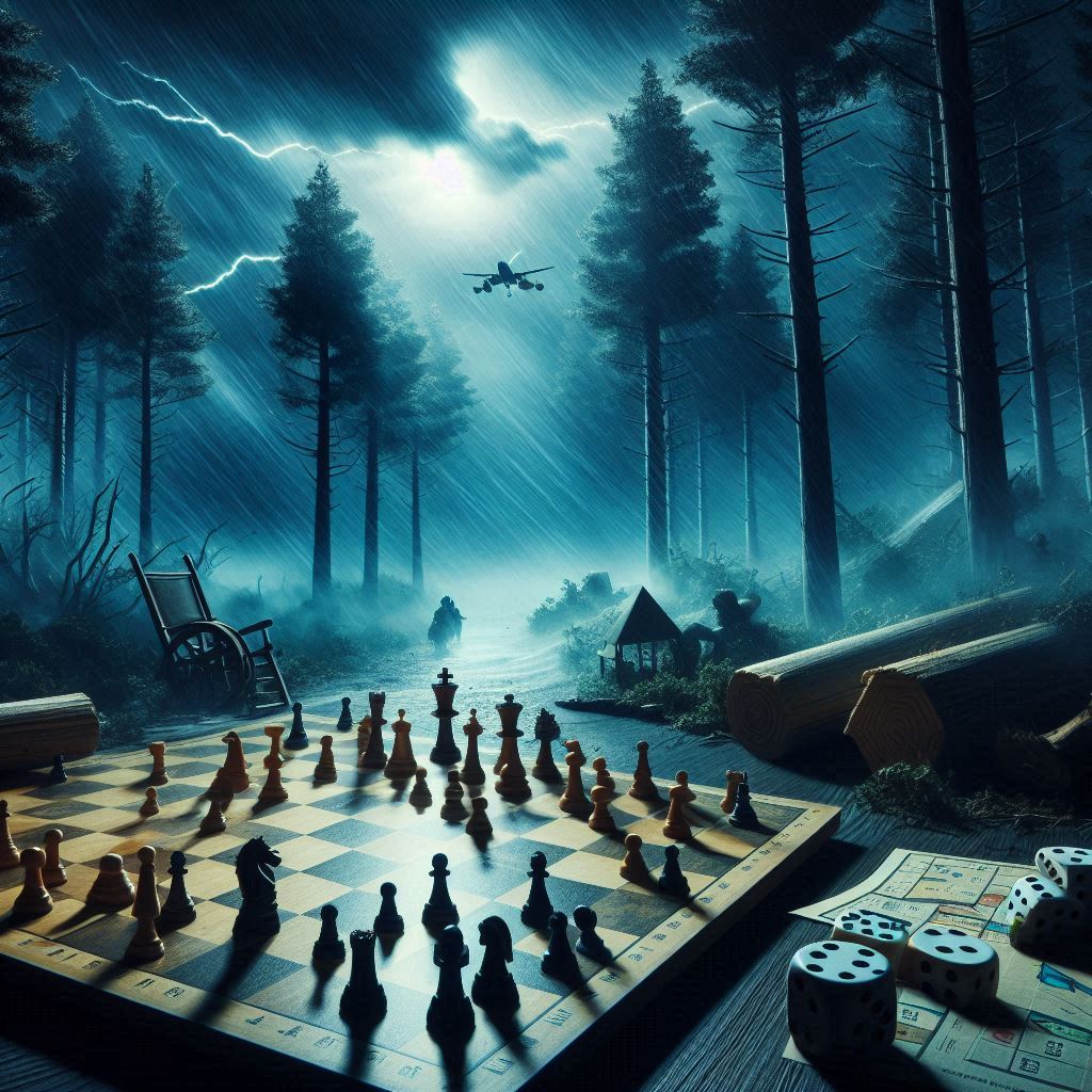 Ein von einem Sturm gepeitschter, dürsterer Wald. Ein Spielbrett im Vordergrund. Links ein alter Schaueklstuhl rechts undefinierbare Gegenstände am Wegesrand. Am von einem Blitz durchzuckten Himmel ist eine Drohne zu sehen.