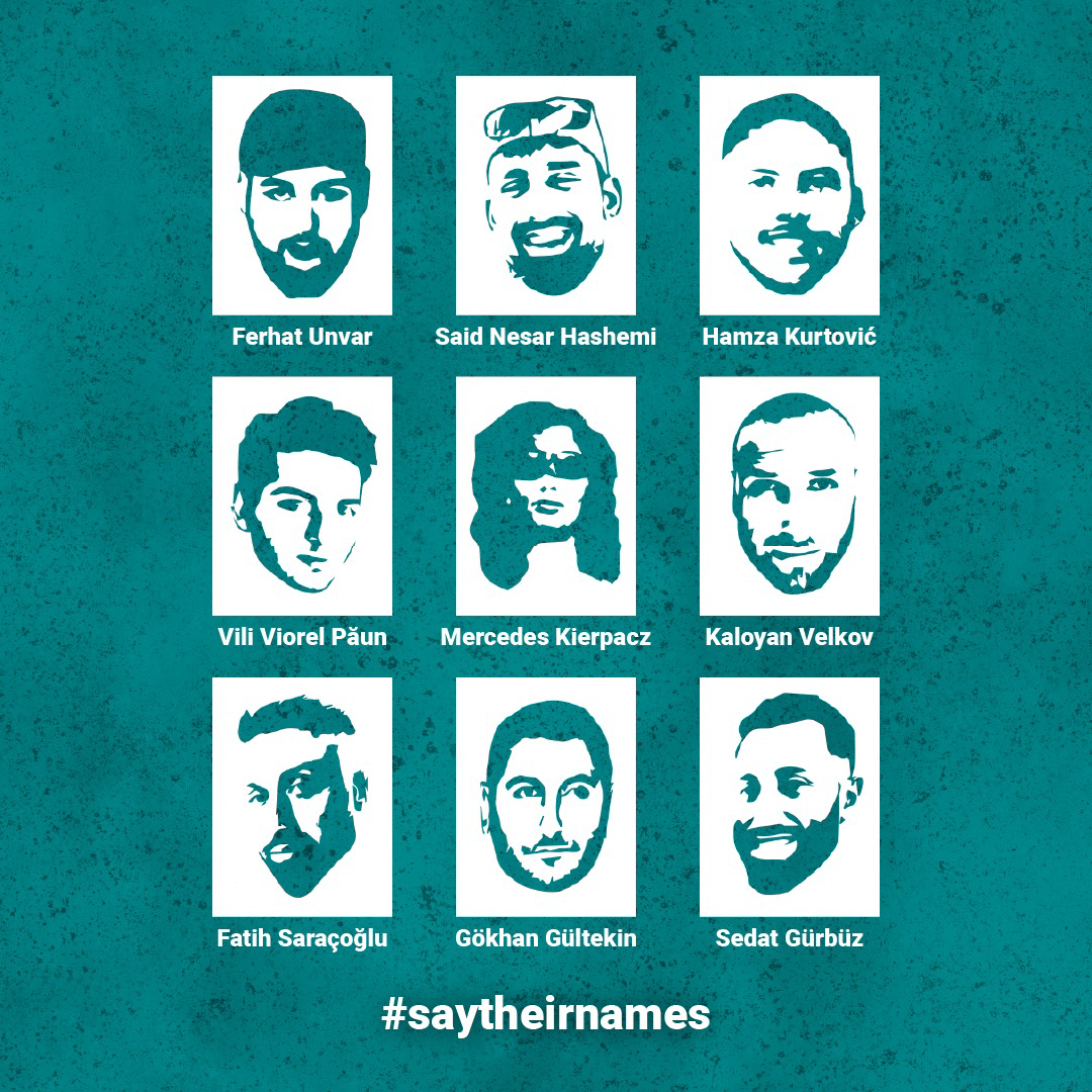 Gökhan Gültekin, Sedat Gürbüz, Said Nesar Hashemi, Mercedes Kierpacz, Hamza Kurtović, Vili Viorel Păun, Fatih Saraçoğlu, Ferhat Unvar, Kaloyan Velkov  Grafik:  Verband der Beratungsstellen für Betroffene rechter, rassistischer und antisemitischer Gewalt (VBRG e.V.)