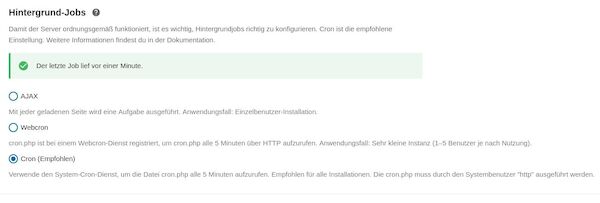 Die Auswahl für die Wartungsaufgaben im NextCloud Interface Die Auswahl für die Wartungsaufgaben im NextCloud Interface