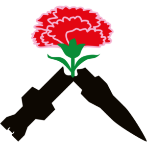 Logo de Gewerkschaften gegen Aufrüstung: Eine rote nelke wächst aus einer zerbrochenen Rakete