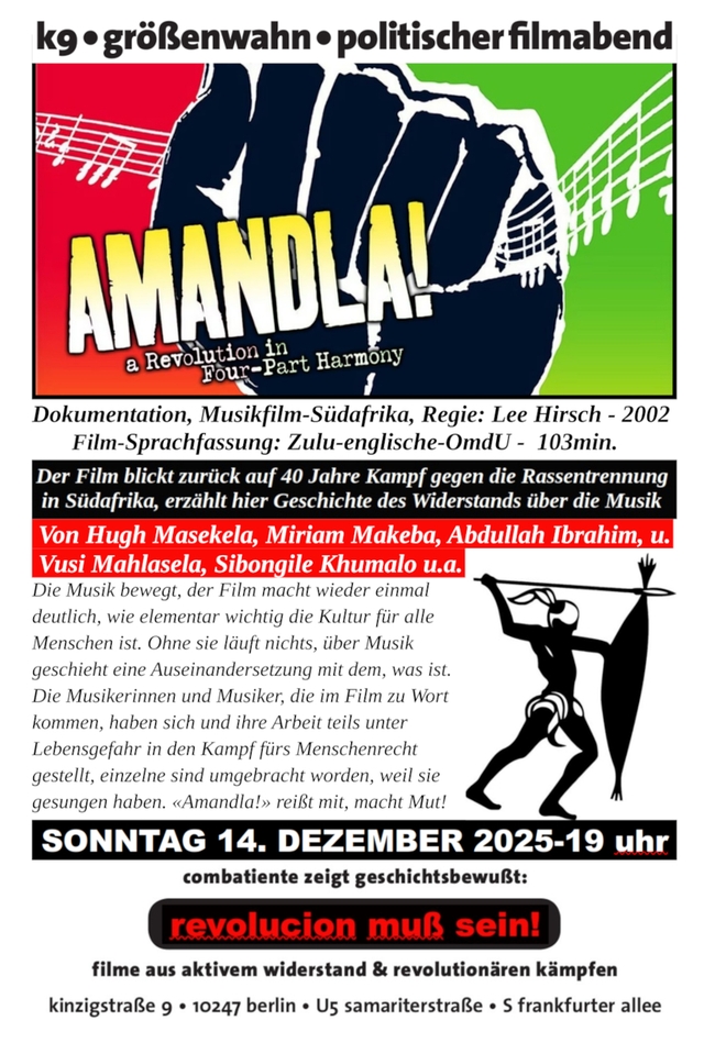 Der Flyer zum Film zeigt die grafisch aufbereiteten Angaben aus dem Textbeitrag sowie eine geballte Faust, die eine Notenzeile umfasst. Unten rechts ist ein Krieger, der einen Speer zum Wurf erhoben hält und einen Schild trägt, abgebildet.