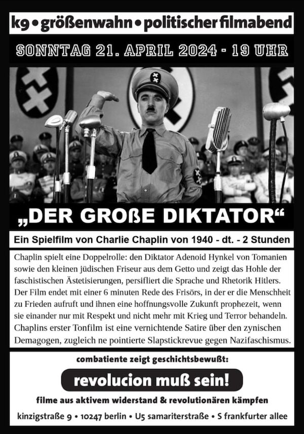 Vorderseite des Einladungsflyers mit dem Text aus dem Beitrag und einem Filmstill, das Chaplin mit Hitlergruß vor seiner Rede zeigt.