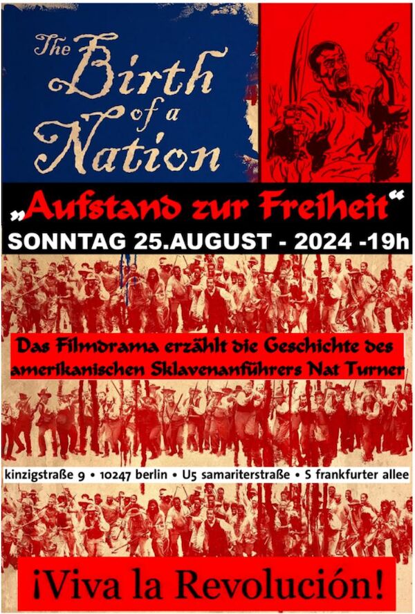 Der Flyer zum Film zeigt zeitgenössische Grafiiken wie den Titel des Films, Nat Turner mit einem Messer in der Hand, sowie Massenszenen aus dem Film und die Eckdaten zum Film selbst.