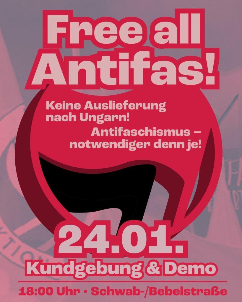 Das SharePic zur Kundgebung am 24.01. zeigt das Logoo der Antifaschistischen Aktion sowie die Eckdaten zur Demo