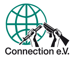 Connection e.V. Logo: Zwei Arme halten ein zerbrochenes Sturmgewehr vor einer Weltkugel Connection e.V. Logo: Zwei Arme halten ein zerbrochenes Sturmgewehr vor einer Weltkugel