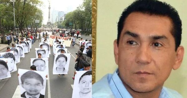 Der Ex-Bürgermeister von Iguala, José Luis Abarca, gilt als Hauptverdächtiger im Fall des verschwindenlassens der 43 Studenten aus Ayotzinapa. Grafik: Desinformémonos Zweigeteiltes Foto. Die linke Seite zeigt Demonstration mit den Porträts der 43 Studenten aus Ayotzinapa. Die rechte Seite zeigt den Ex-Bürgermeister von Iguala, José Luis Abarca. Er gilt als Hauptverdächtiger im Fall des verschwindenlassens der 43 Studenten aus Ayotzinapa. Grafik: Desinformémonos