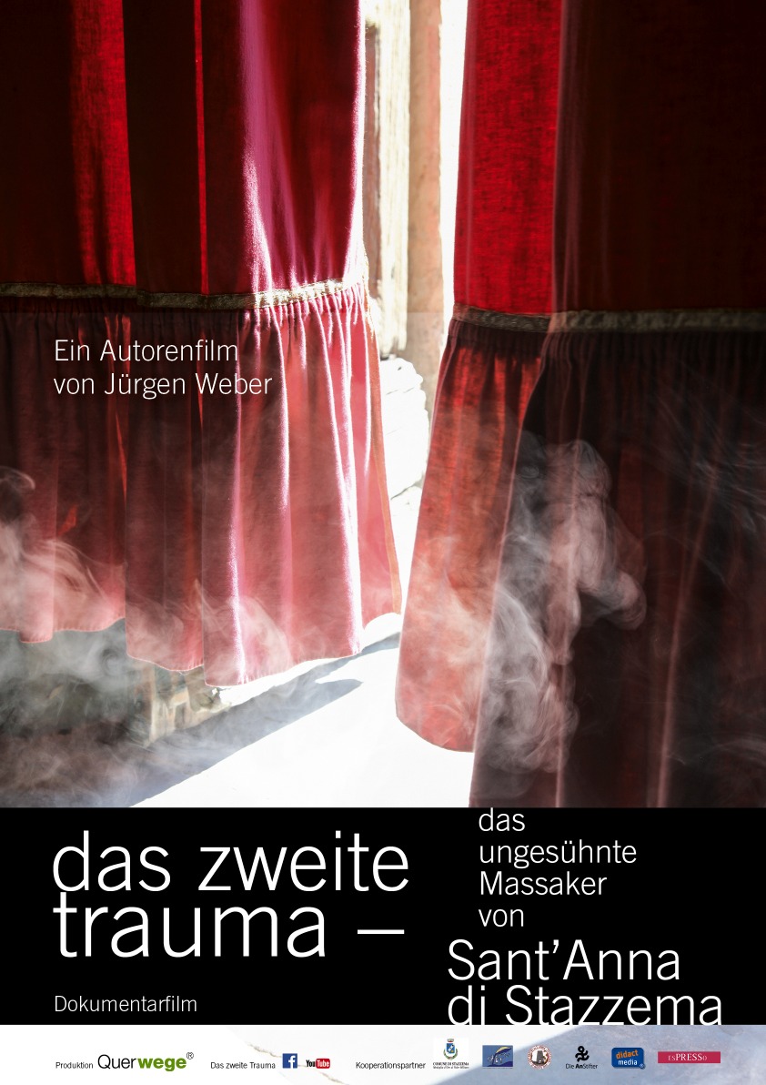 Das Plakat zum Film zeigt zwei schwere Vorhänge, zwischen denen sich Rauch in den Innenraum bewegt sowie Titel, Unterstützer:Innen des Films und Jürgen Weber: Autorenfilm